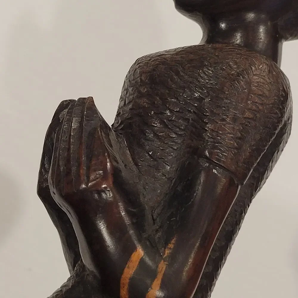 Vintage African kneeling women carved wood iron wood figurine sculpture